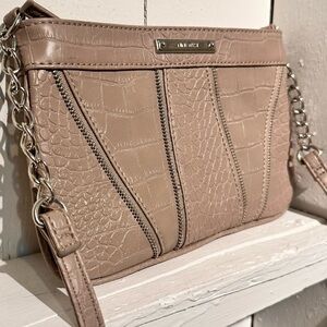 Nine West Taupe Alligator Print Crossbody Purse with Silver Metal Accents